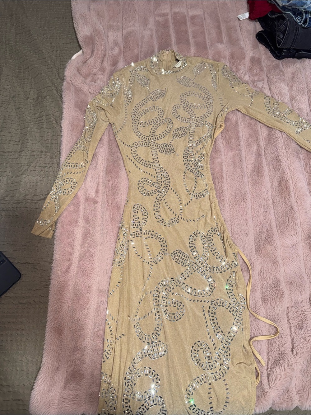 Nude Long-Sleeve Embellished Evening Dress